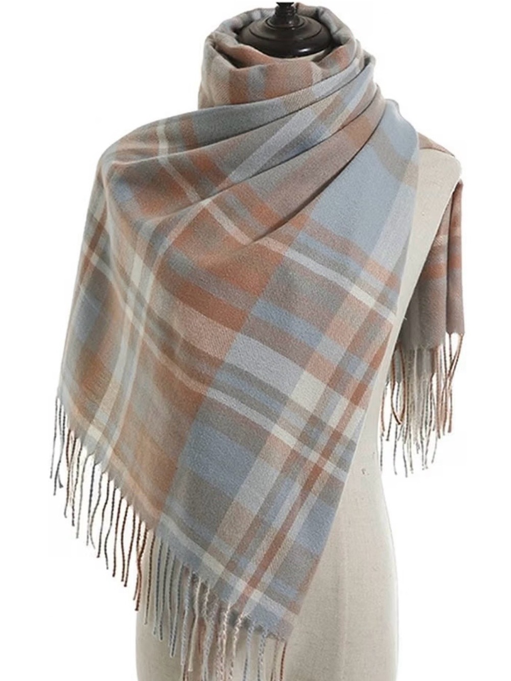 pashmina Plaid Fringe Wrap Scarf - Light Blue & Tan 100%cashmere